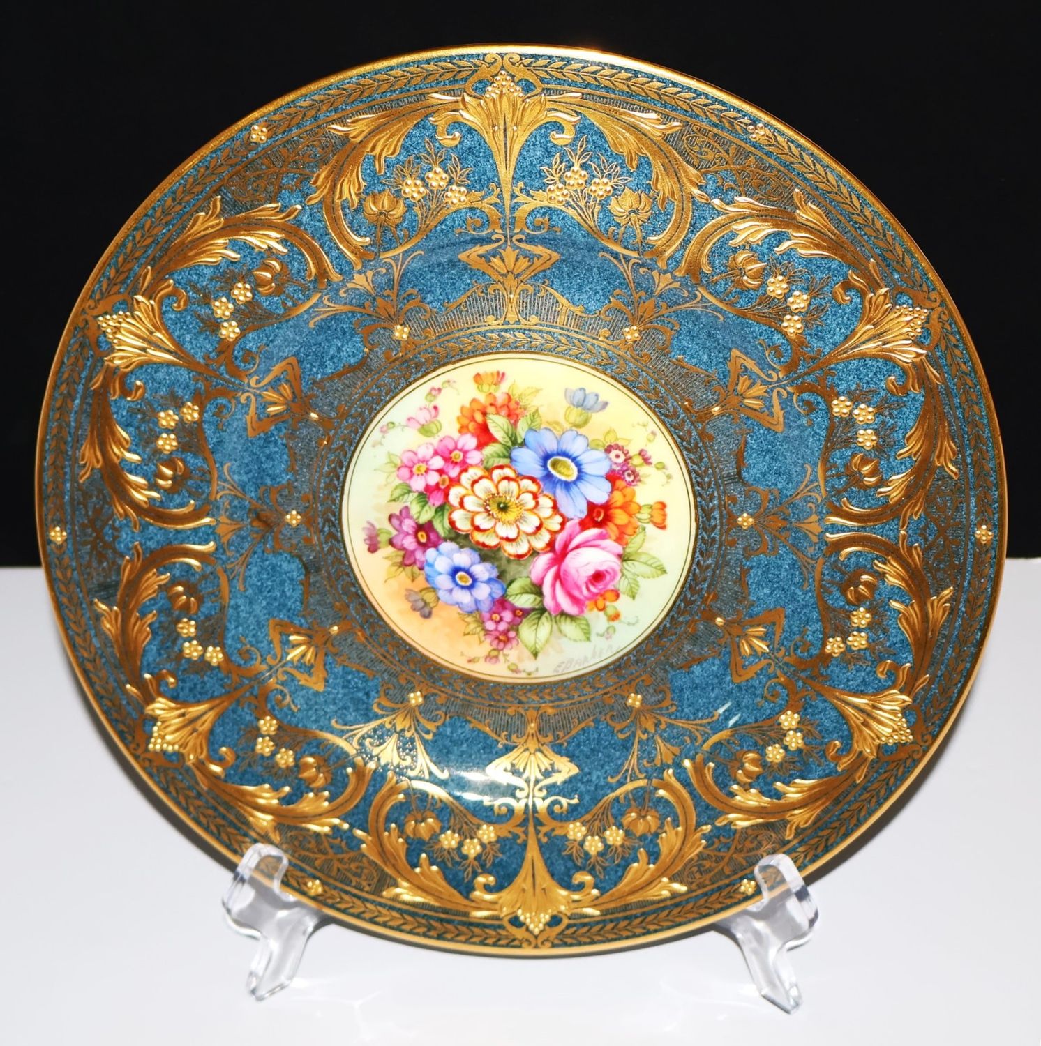 Royal Worcester Highly Gilded Cobalt Powder Blue &amp; Floral 10.5” Cabinet Plate, Signed