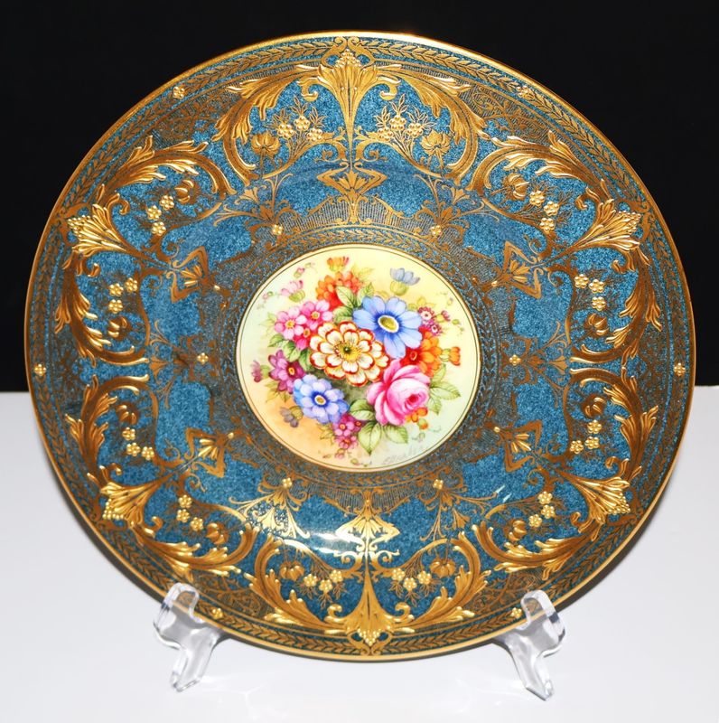 Royal Worcester Highly Gilded Cobalt Powder Blue &amp; Floral 10.5” Cabinet Plate, Signed