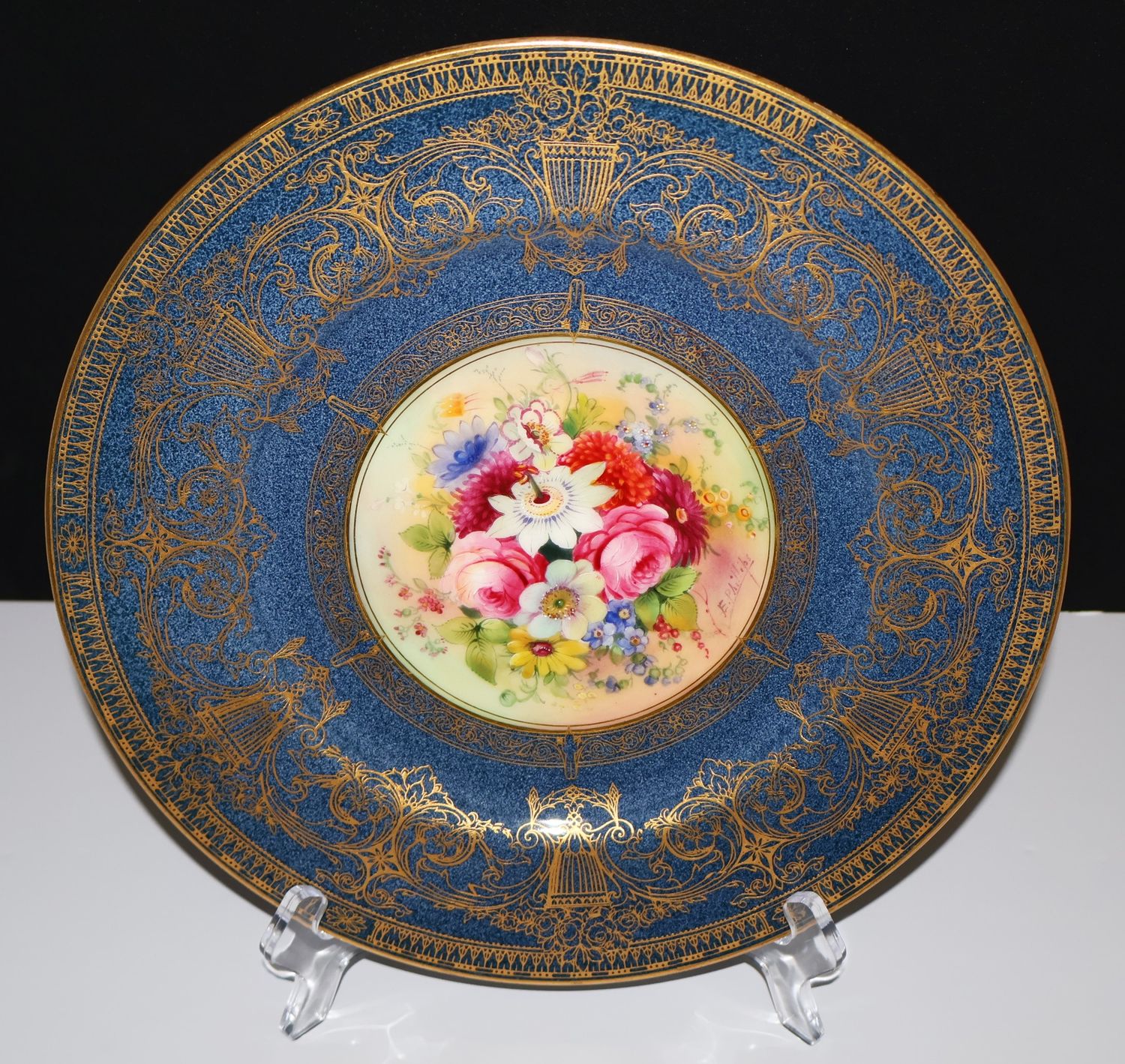 Royal Worcester 1926 Cobalt Powder Blue, Gilt &amp; Floral Cabinet Plate Signed E. Phillips