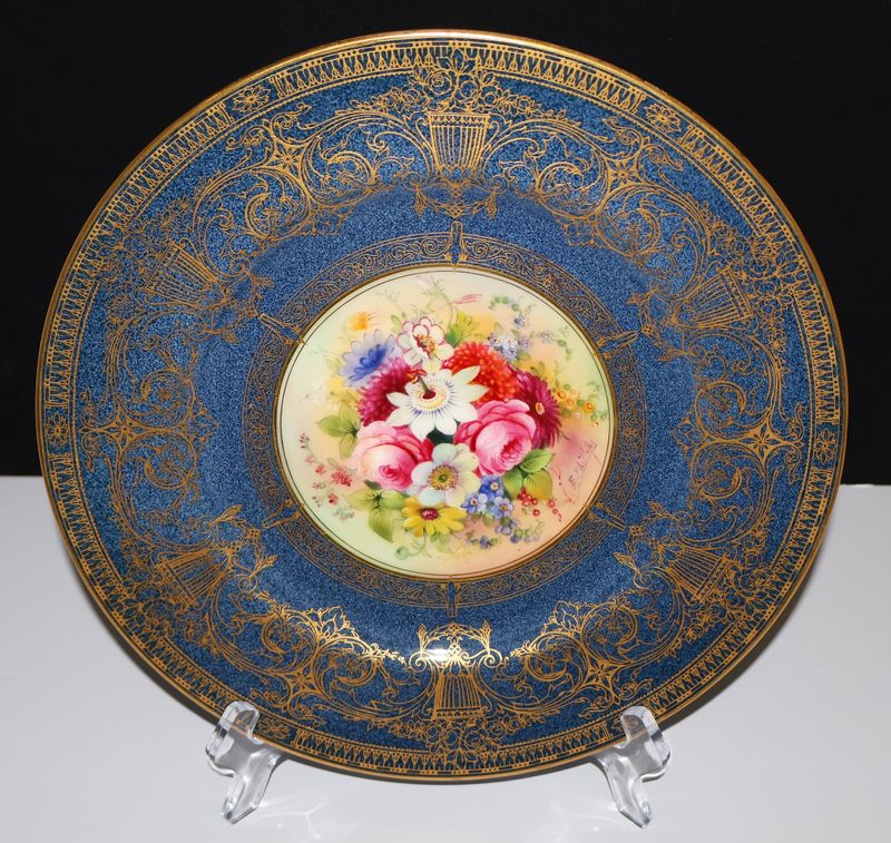 Royal Worcester 1926 Cobalt Powder Blue, Gilt &amp; Floral Cabinet Plate Signed E. Phillips