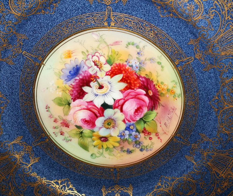 Royal Worcester 1926 Cobalt Powder Blue, Gilt &amp; Floral Cabinet Plate Signed E. Phillips