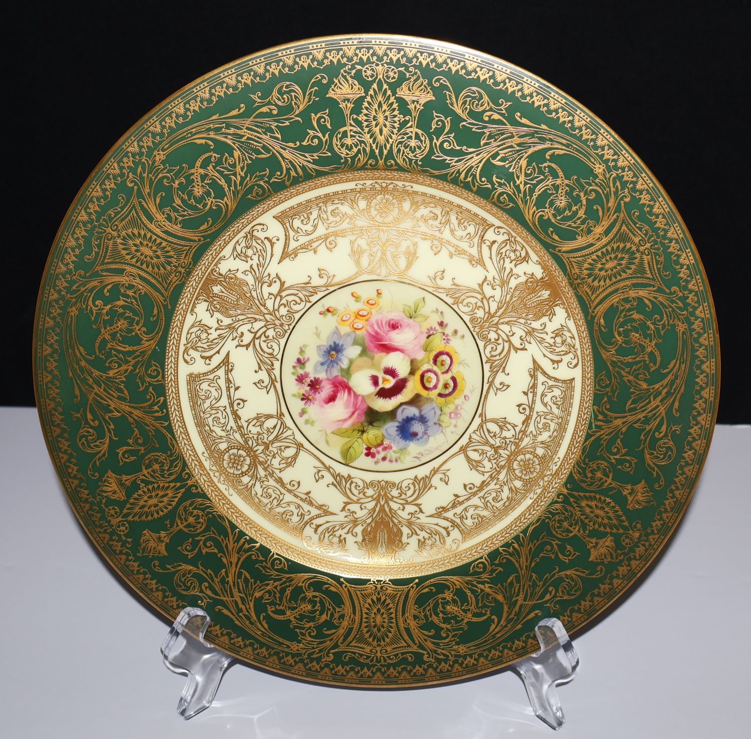Royal Worcester 1918 Green, Gilt &amp; Floral 10.5” Cabinet Plate, Signed E. Phillips