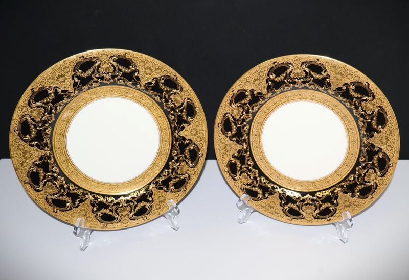 Set of 2 Royal Worcester True Black and Raised Gold 10.25” Cabinet Plates, Rare