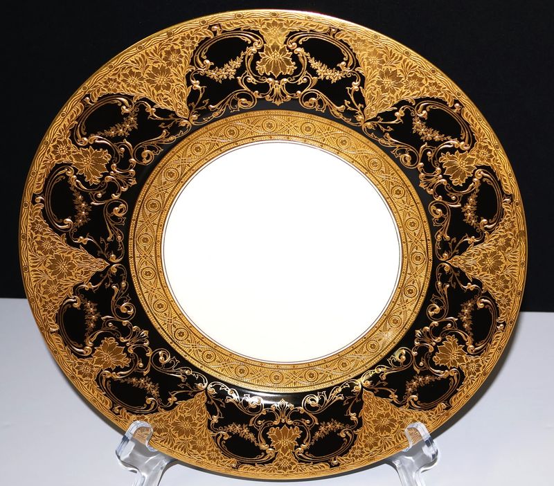 Set of 2 Royal Worcester True Black and Raised Gold 10.25” Cabinet Plates, Rare