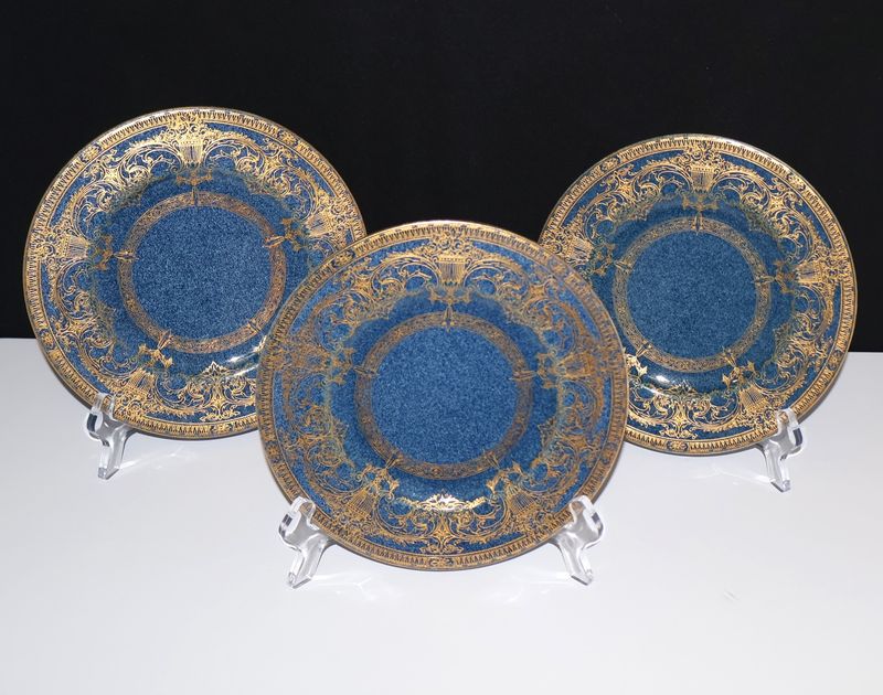 Set of 3 Royal Worcester for Tiffany &amp; Co. 1918 Blue and Gold 8” Salad Plates