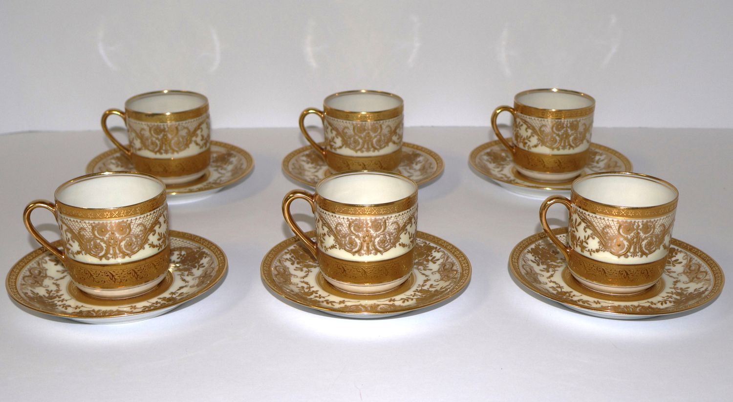 C. Ahrenfeldt Limoges Depose Gold-Encrusted (Set of 6) Demitasse Cups &amp; Saucers