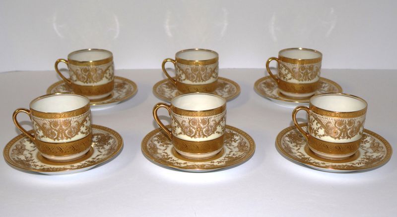 C. Ahrenfeldt Limoges Depose Gold-Encrusted (Set of 6) Demitasse Cups &amp; Saucers