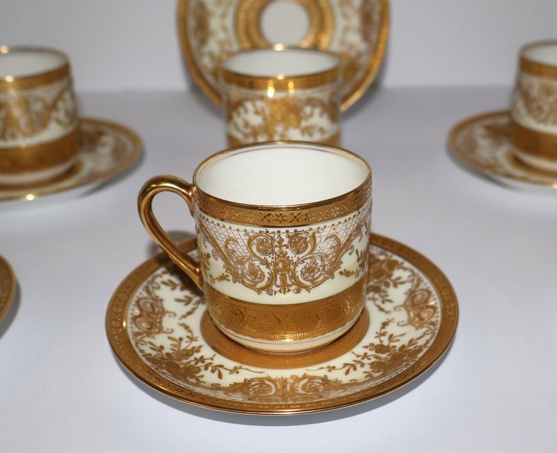 C. Ahrenfeldt Limoges Depose Gold-Encrusted (Set of 6) Demitasse Cups &amp; Saucers