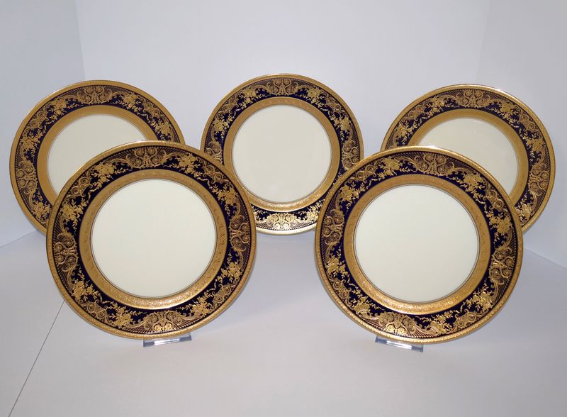 Charles Ahrenfeldt Limoges Depose Cobalt &amp; Gold (Set of 5) 9 3/4&quot; Dinner Plates