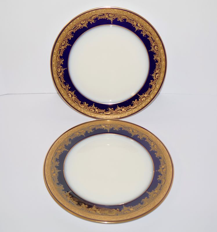 Wm. Guerin &amp; Co. Limoges France (Set of 2) Cobalt &amp; Gold 10 7/8&quot; Dinner Plates
