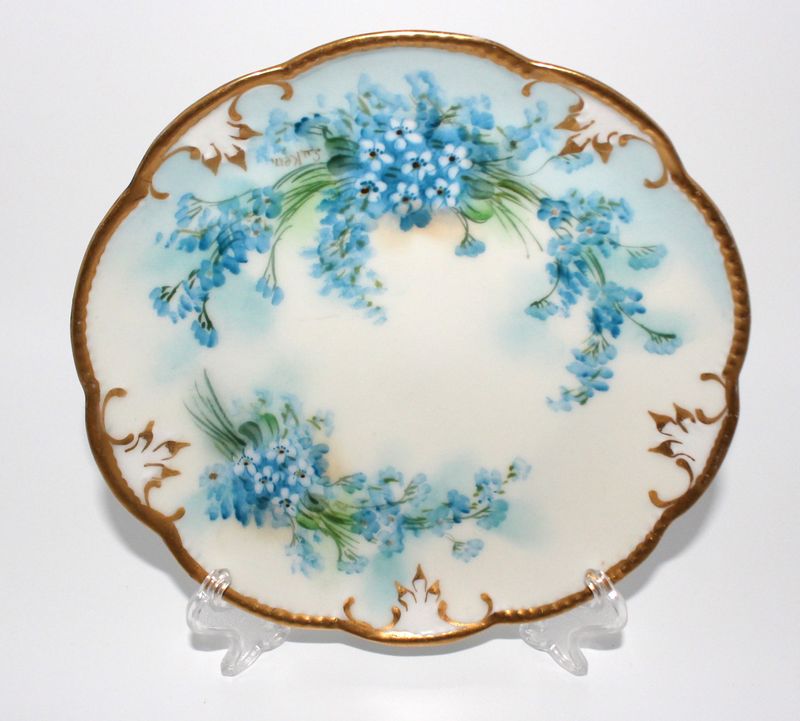 AK Limoges France Blue Floral &amp; Gold Scalloped Edge 6.5” Small Plate, Signed by Minnie Luken