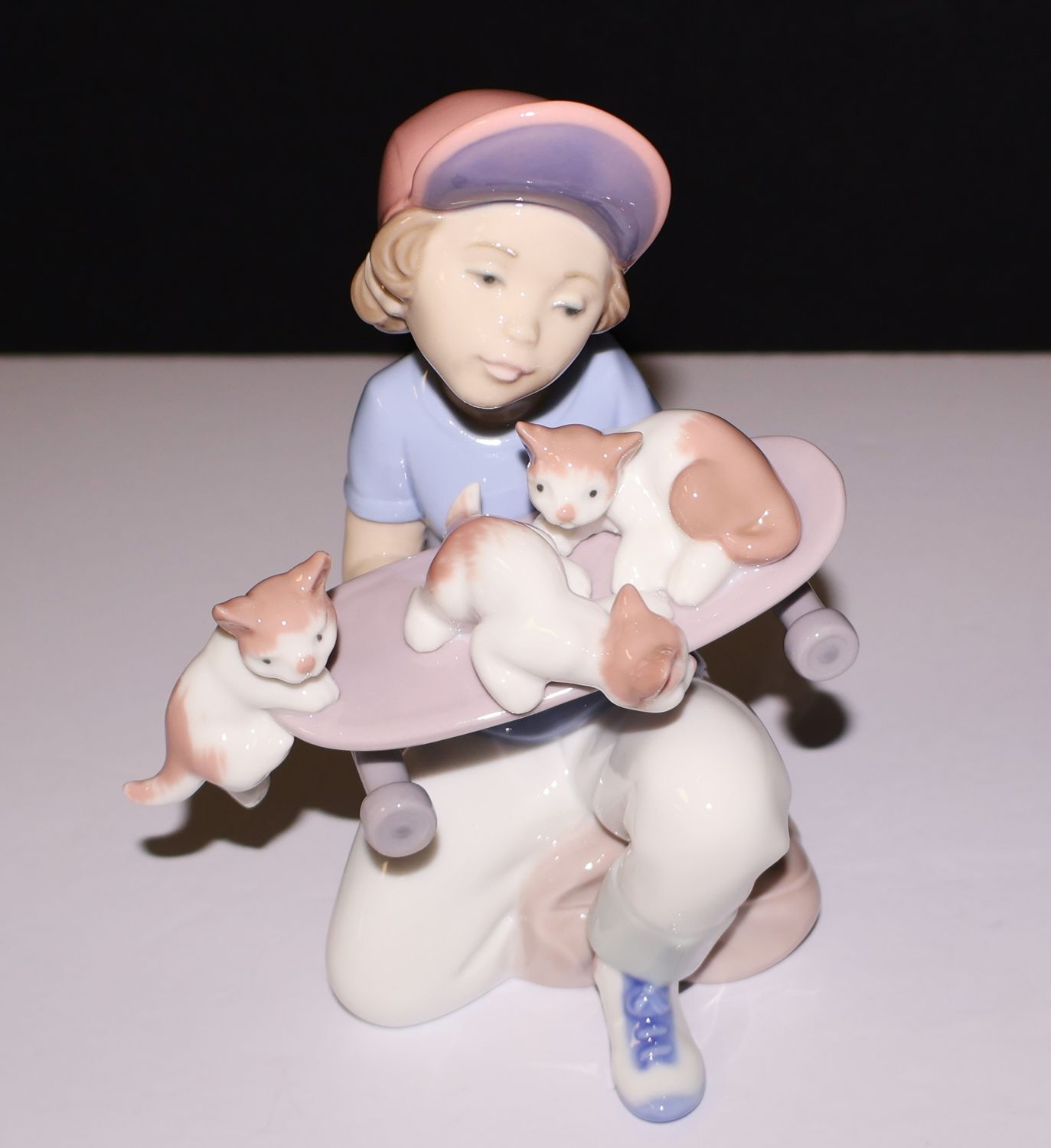Lladro “Little Riders” Figurine #7623, Boy with Kittens on Skateboard, Hand Signed &amp; Dated