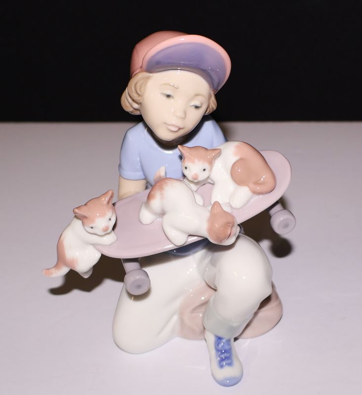 Lladro “Little Riders” Figurine #7623, Boy with Kittens on Skateboard, Hand Signed &amp; Dated