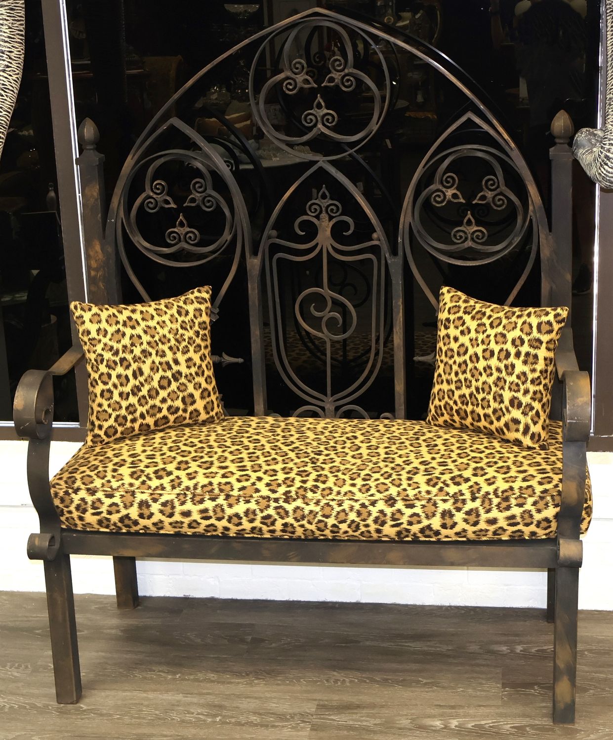 Gothic-Style Cast Iron Arch Bench with Custom Leopard Outdoor Cushion &amp; Pillows