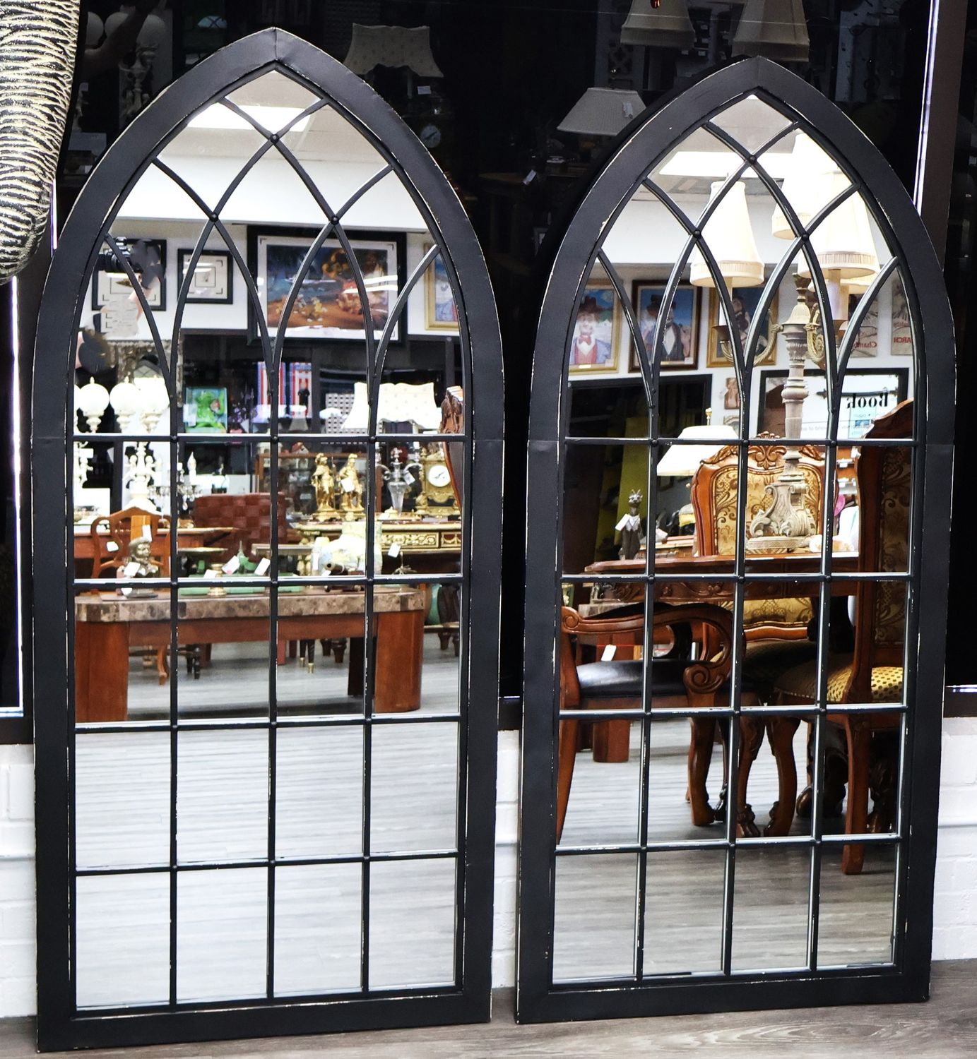 Pair of Arched Black Metal 63&quot; Full-Length Windowpane Wall Mirrors