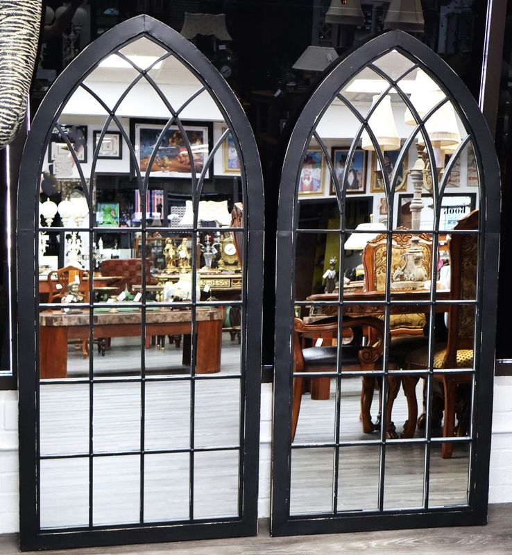 Pair of Arched Black Metal 63&quot; Full-Length Windowpane Wall Mirrors