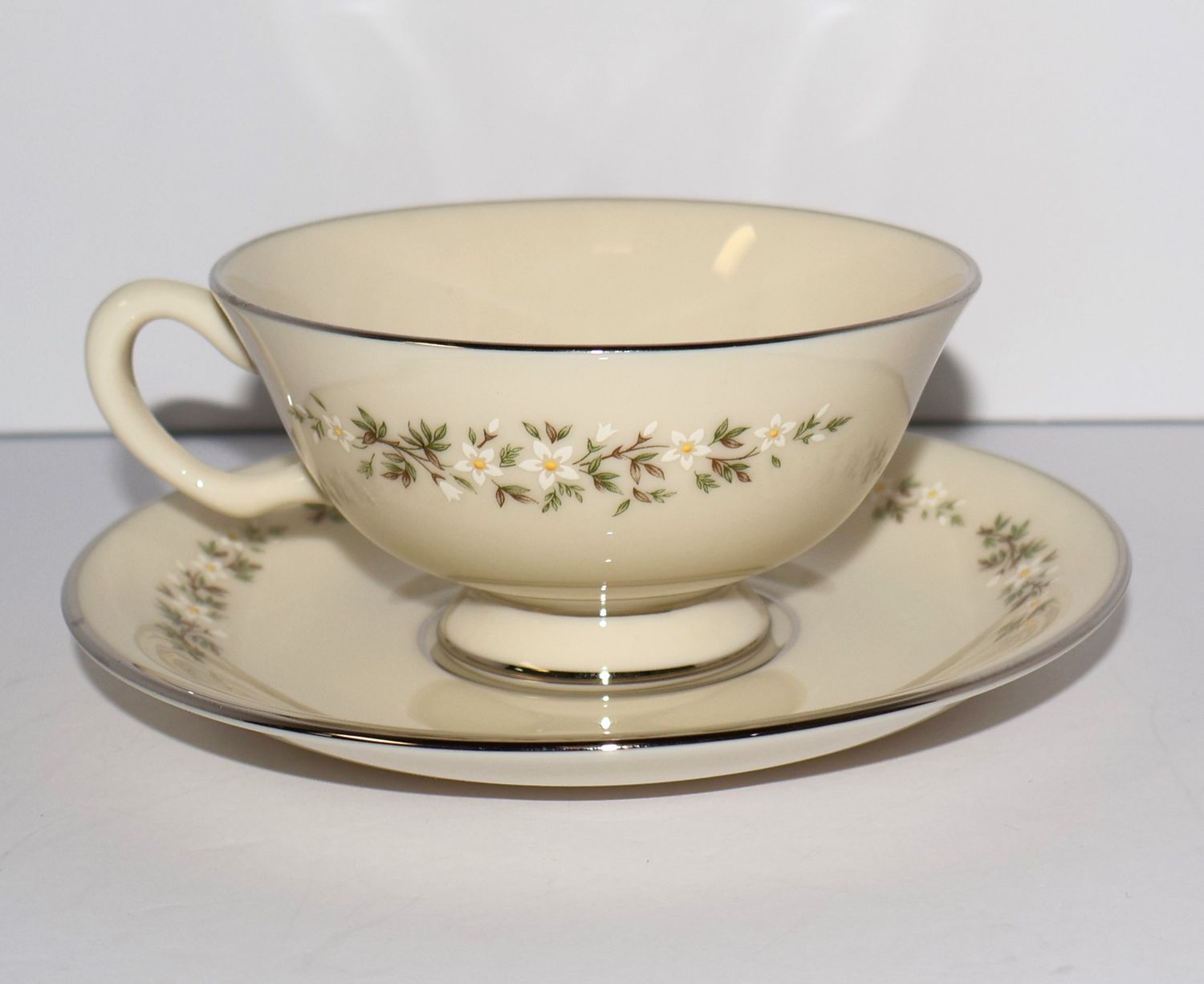 Lenox Brookdale Footed Cup &amp; Saucer – Floral with Platinum Trim | Multiple Sets Available