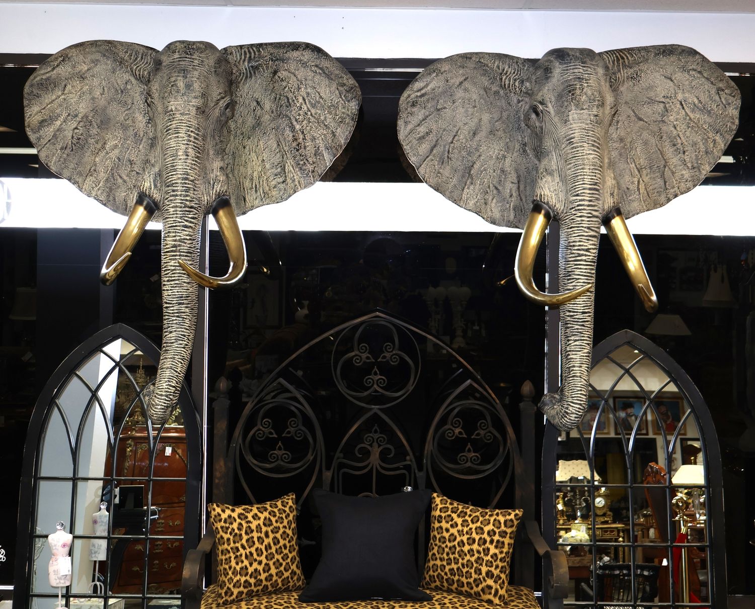 Pair of Maitland-Smith Life-Size Elephant Head Wall Sculptures – Fiberglass with Brass Tusks – c. 1980s