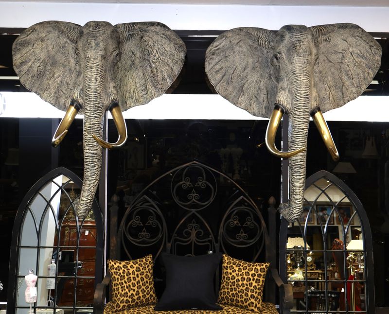 Pair of Maitland-Smith Life-Size Elephant Head Wall Sculptures – Fiberglass with Brass Tusks – c. 1980s