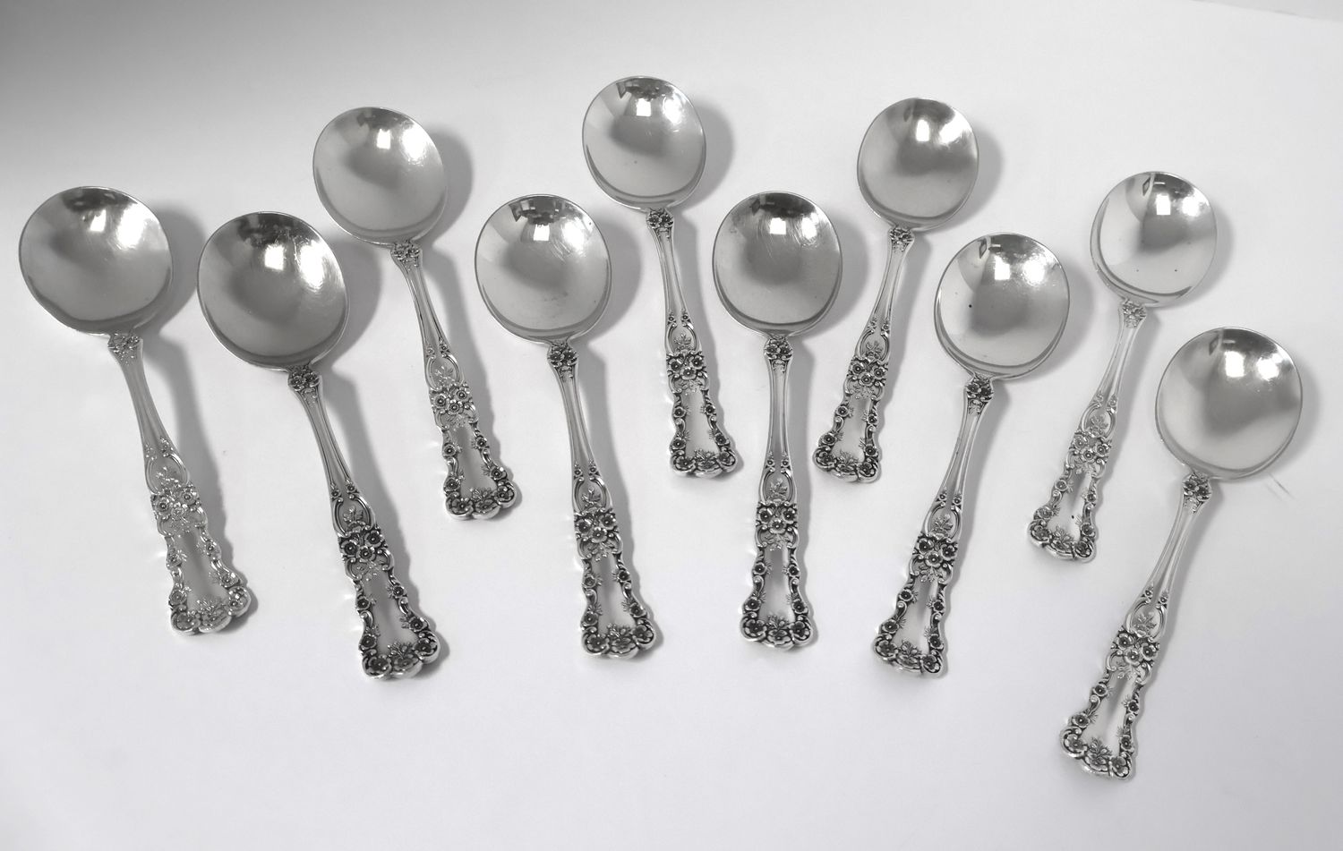 Set of 10 Gorham “Buttercup” Sterling 6 1/8&quot; Cream Soup Spoons – Old Mark – No Monogram
