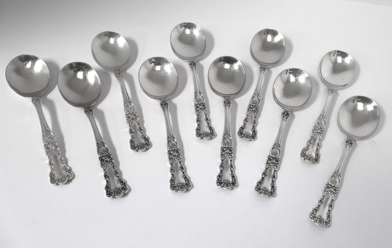 Set of 10 Gorham “Buttercup” Sterling 6 1/8&quot; Cream Soup Spoons – Old Mark – No Monogram