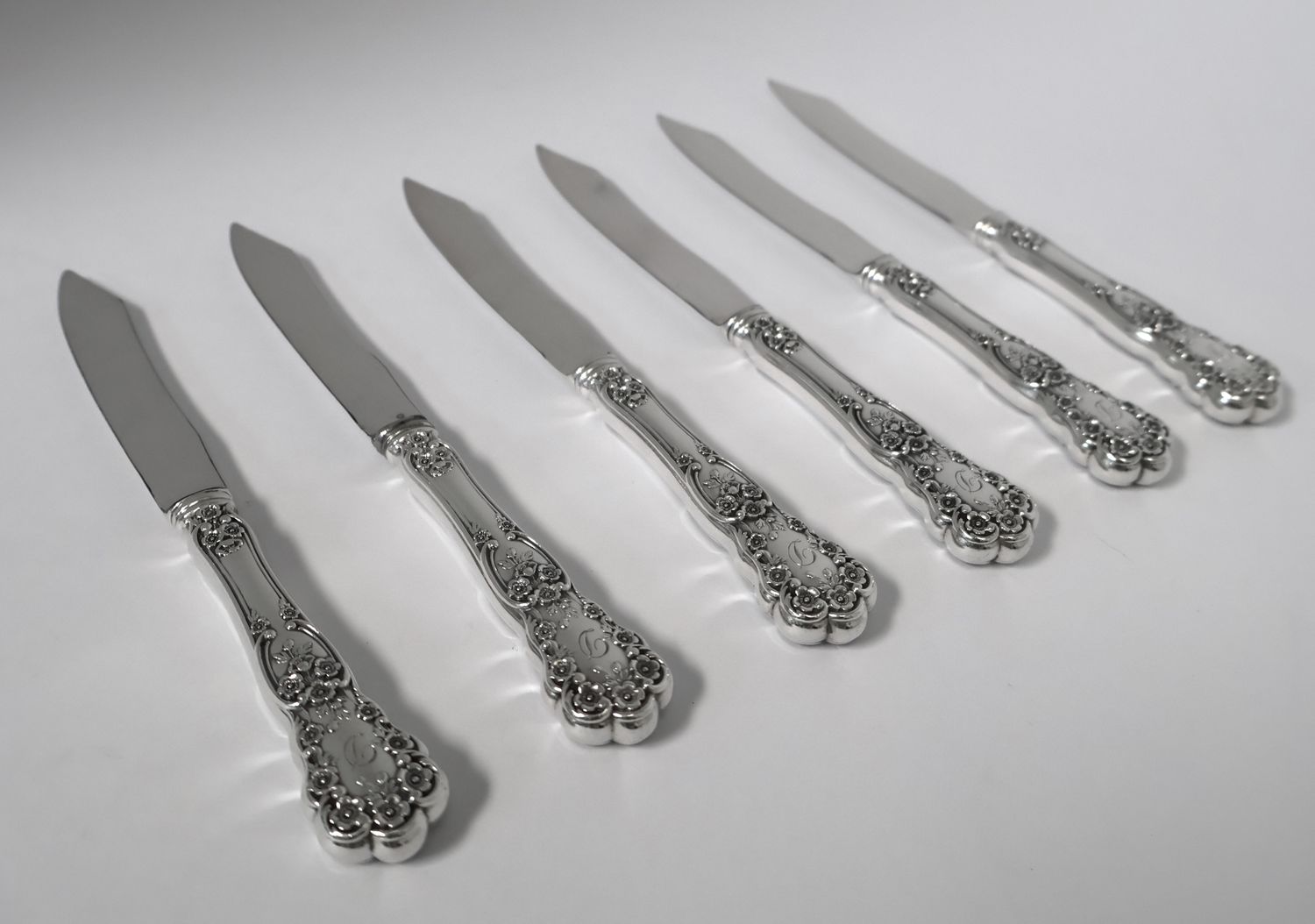 Set of 6 Gorham Buttercup Sterling 6 3/4&quot; Fruit Knives – Old Mark – Monogrammed “D 1902”