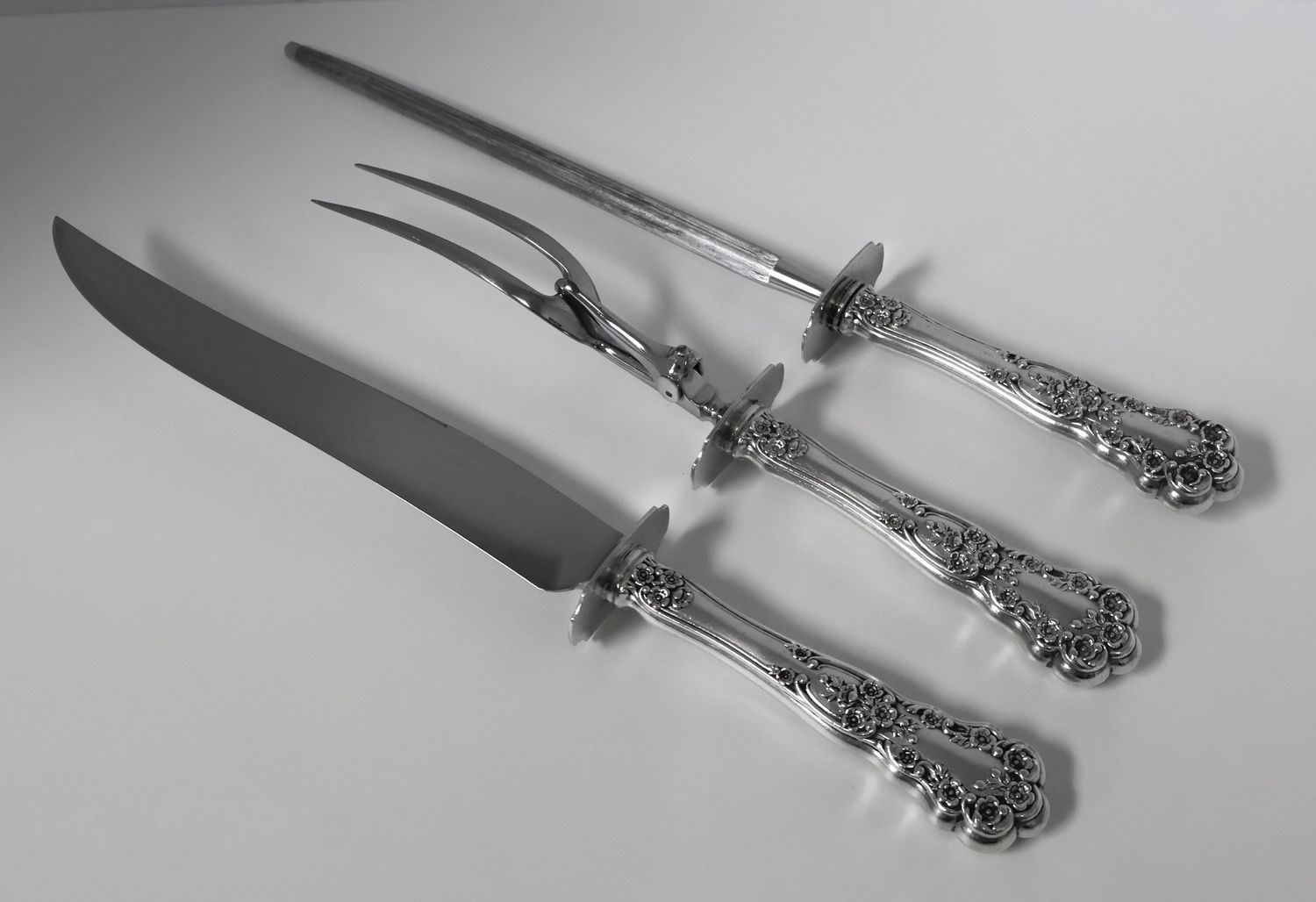 Gorham Buttercup Sterling Silver 3-Piece Roast Carving Set – Knife, Fork &amp; Rod Sharpener – No Monogram
