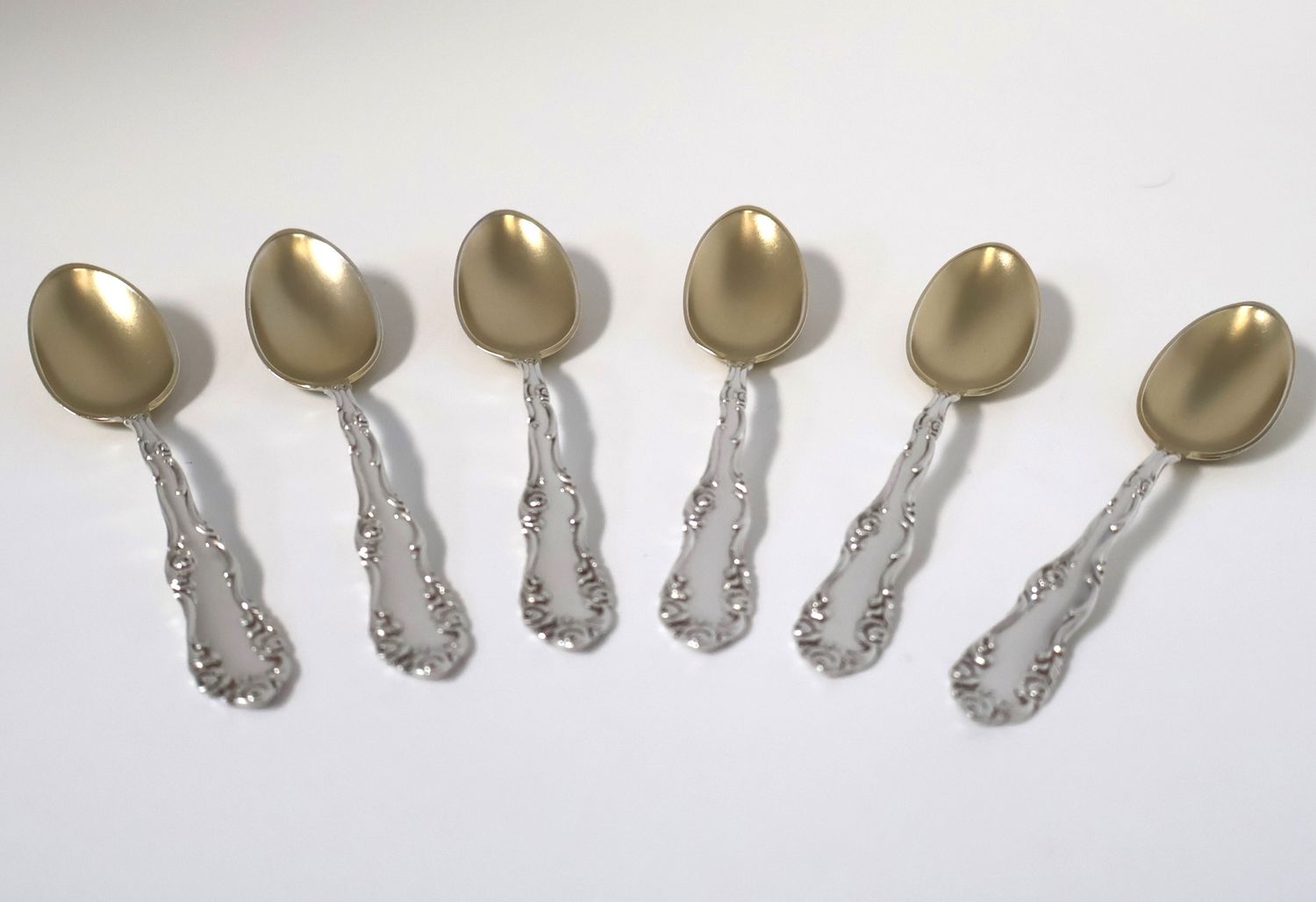 Set of 6 Towle “Old English” Sterling Silver Demitasse Spoons – Gold Wash Bowls – No Monogram