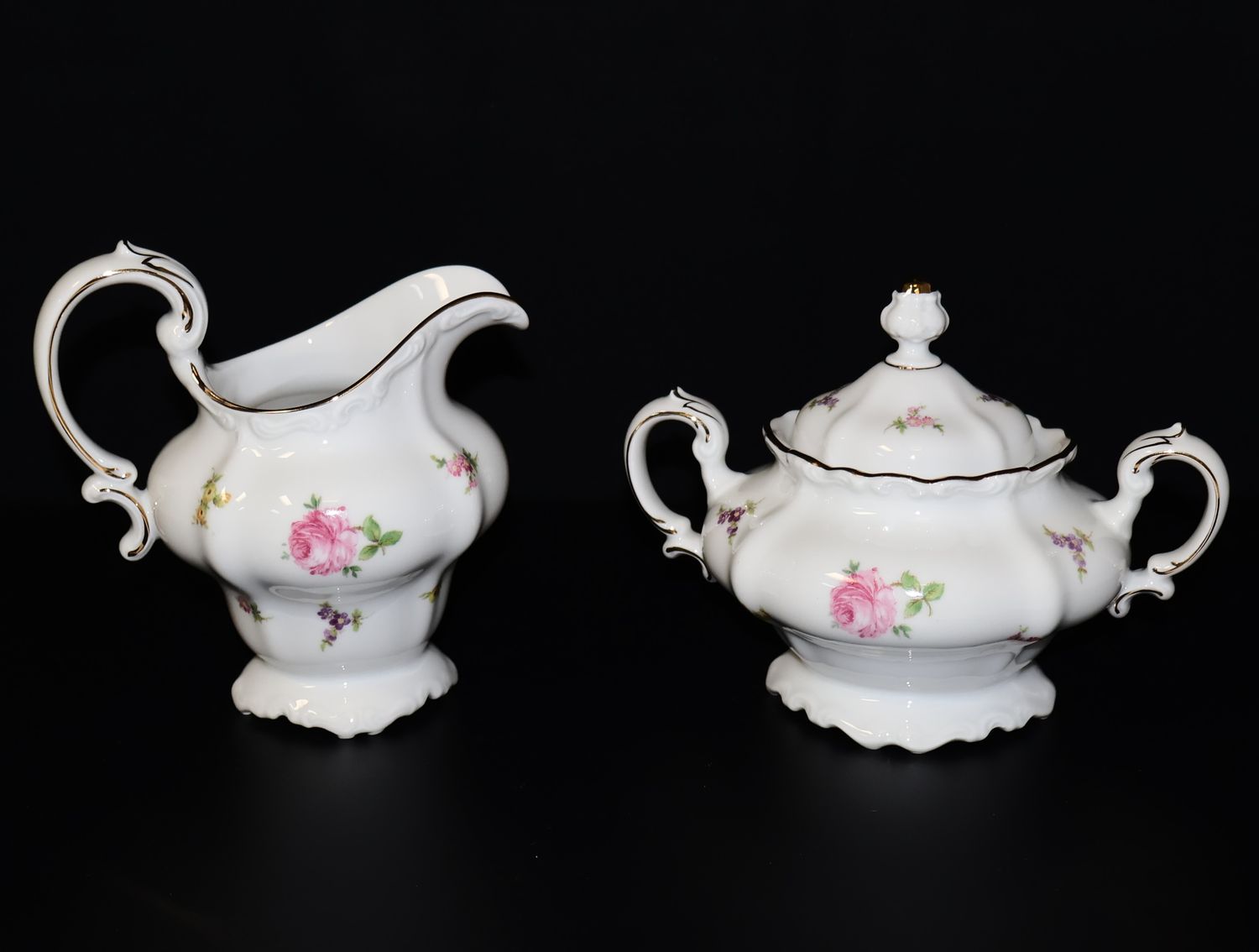 Johann Haviland Rosebud (3-Piece) Porcelain Footed Creamer, Sugar Bowl &amp; Lid | Bavaria Germany