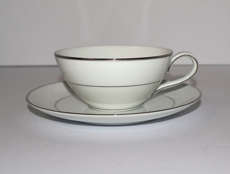 Noritake Derry (5931) Flat Cup &amp; Saucer Set – Platinum Trim | Multiple Sets Available