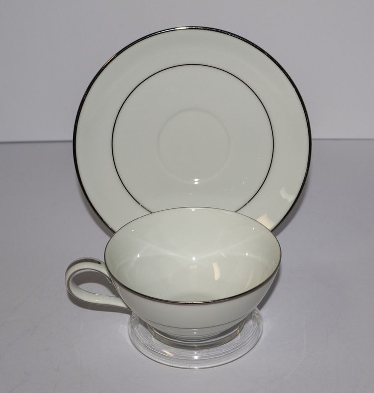 Noritake Derry (5931) Flat Cup &amp; Saucer Set – Platinum Trim | Multiple Sets Available