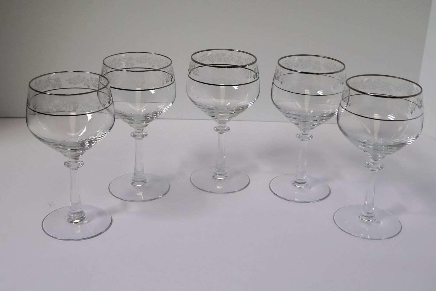 Fostoria Venise 6” Claret Wine Glasses – Platinum Trim | Set of 5 | Made in the USA
