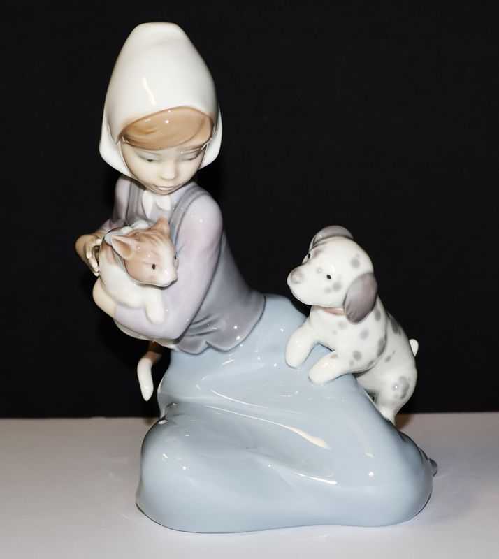 Lladro Little Friskies Girl with Cat &amp; Dog Porcelain Figurine – 7” Tall | Item #5032