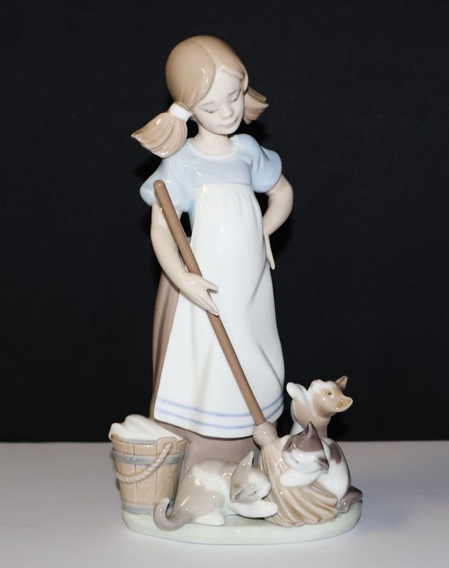 Lladro Playful Kittens Girl with Broom Figurine - Hand Signed &amp; Dated – 8 1/4” Tall | Item #5232