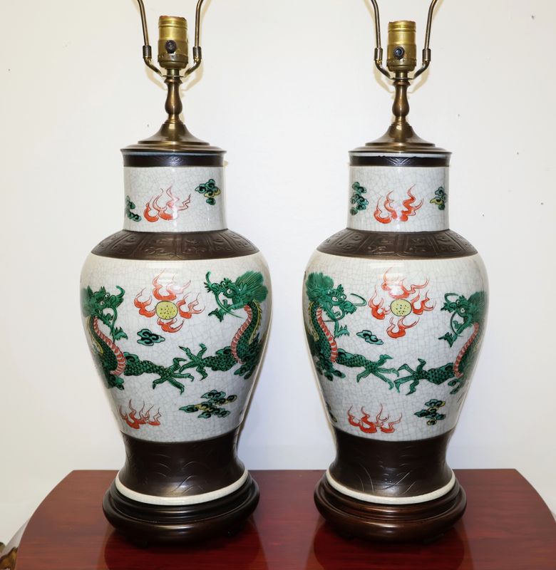 Pair of Vintage Chinese Hand-Painted Dragon &amp; Flames Electric Vase Lamps – 36" Tall