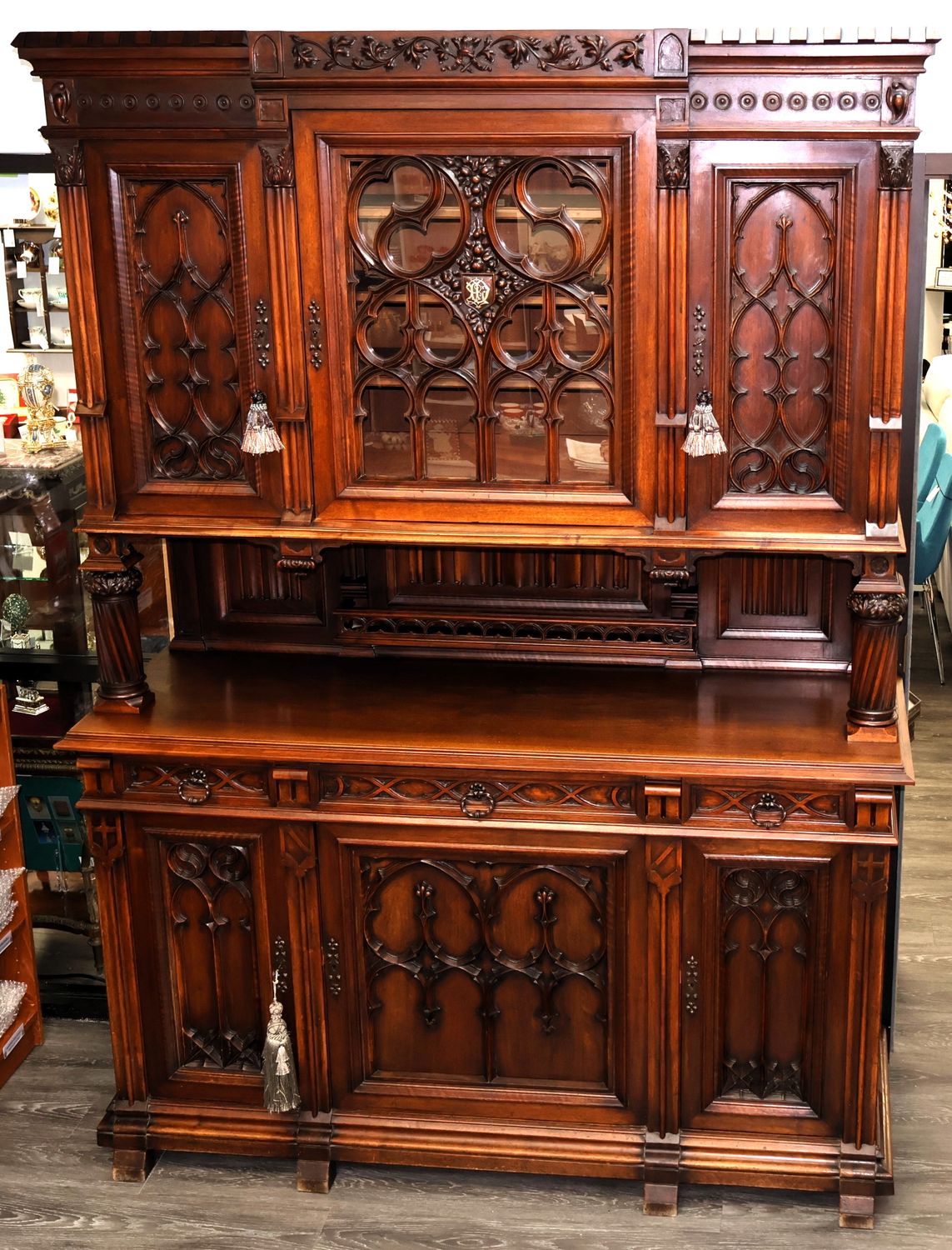 Antique French Gothic Revival Carved Walnut Buffet Cabinet with Hutch, 1870–1895