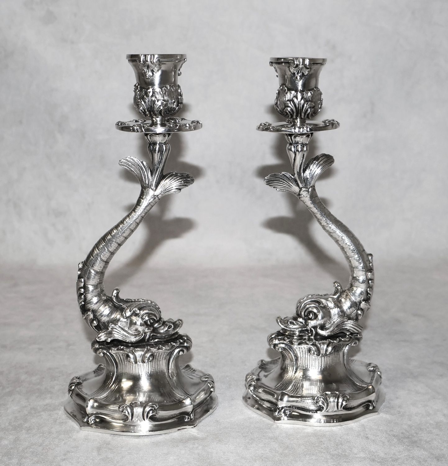 Pair of Buccellati Italian Sterling Silver Dolphin Form Candlestick Holders | 7 3/4”