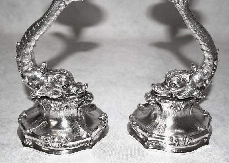 Pair of Buccellati Italian Sterling Silver Dolphin Form Candlestick Holders | 7 3/4”
