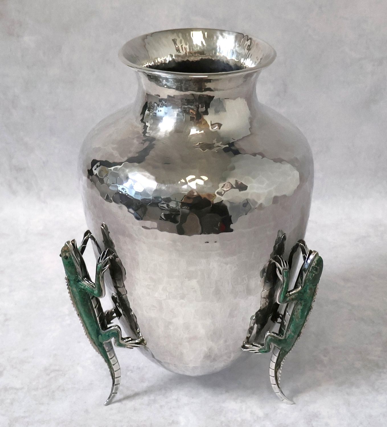 Emilia Castillo Taxco Hammered Silver Plate Tripod Malachite Lizard Vase Signed | 10.75”