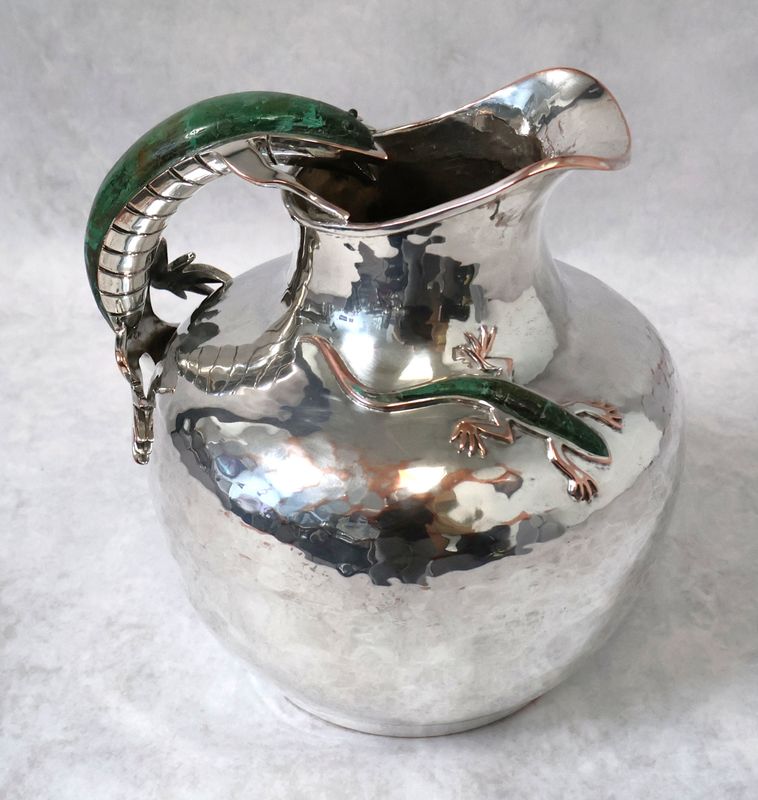 Emilia Castillo Taxco Hammered Silver Plated Water Pitcher w/ Malachite Lizard Handle | Signed