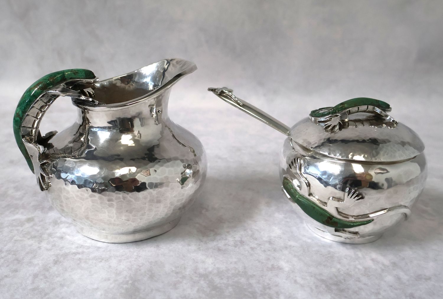 Emilia Castillo Figural .925 Sterling Silver Creamer &amp; Sugar Set with Malachite Accents | Signed