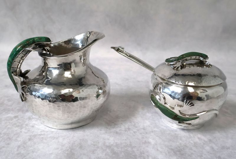 Emilia Castillo Figural .925 Sterling Silver Creamer &amp; Sugar Set with Malachite Accents | Signed