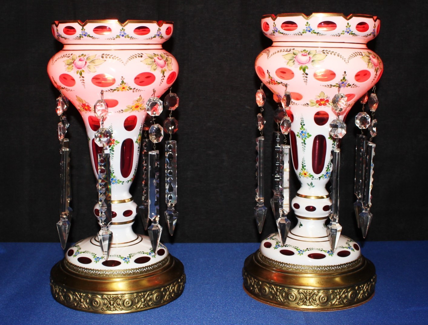 Pair of Bohemian Cranberry Cased Glass Luster Lamps w/ Crystal Spear Prisms