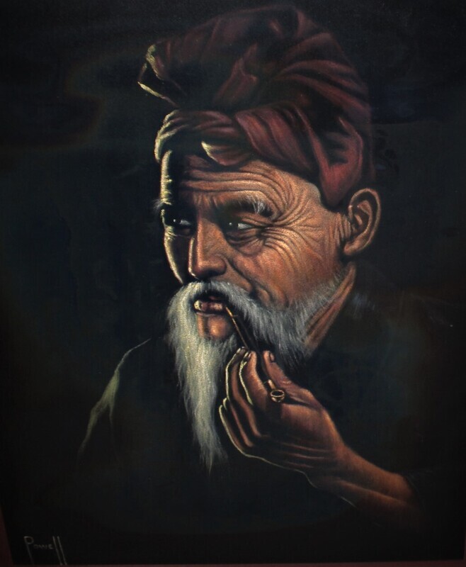 Oriental Man Smoking Pipe 29x35 Framed Oil on Velvet Portrait Painting, Signed by Powell