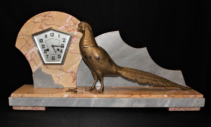 Original Fritz Marti Art Deco Bronze Pheasant Marble Mantel Clock – Rare | Runs &amp; Strikes