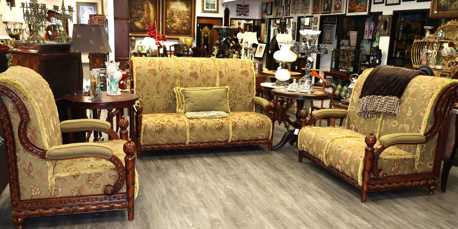 Oversized Vintage 3-Piece Carved Mahogany Parlor Suite - Sofa | Loveseat | Armchair