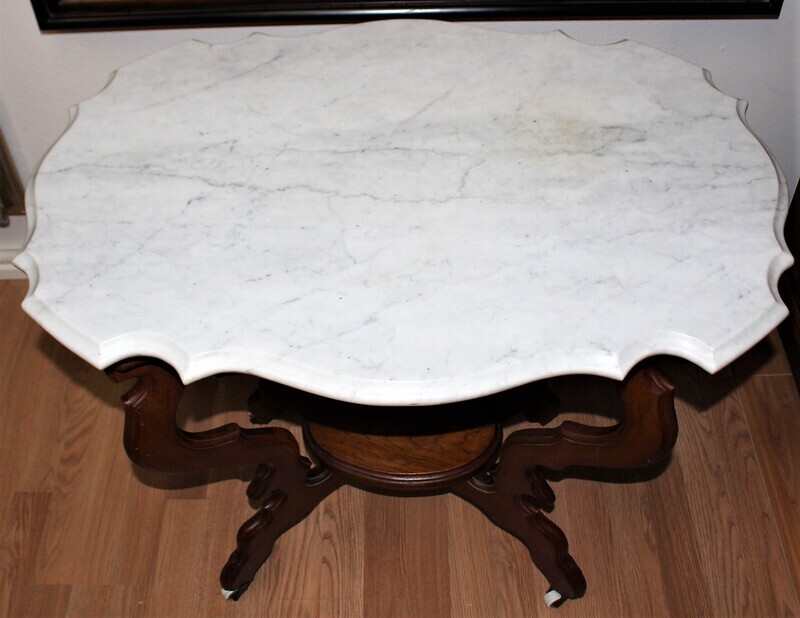 Antique Victorian Walnut and Marble Turtle Top Parlor Table on Casters