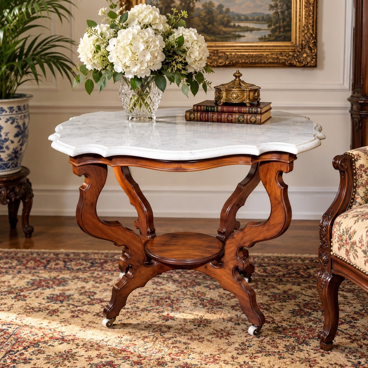 Antique Victorian White Marble Turtle Top Parlor Table | Porcelain Casters