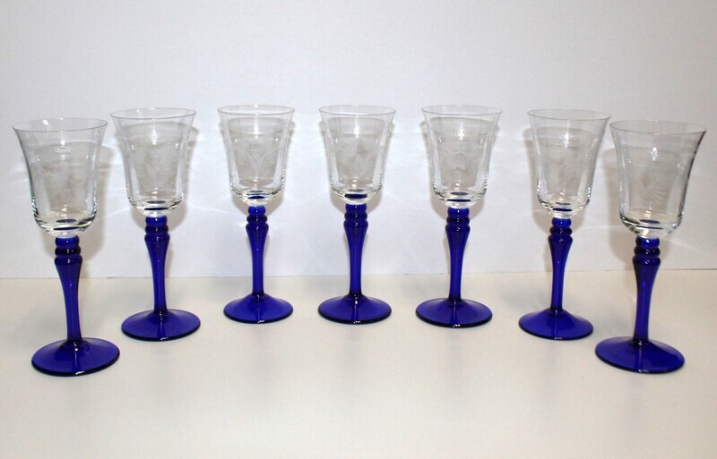 Vintage Cobalt Blue Stem Etched Wine Glasses – Set of 7 | Art Deco Style