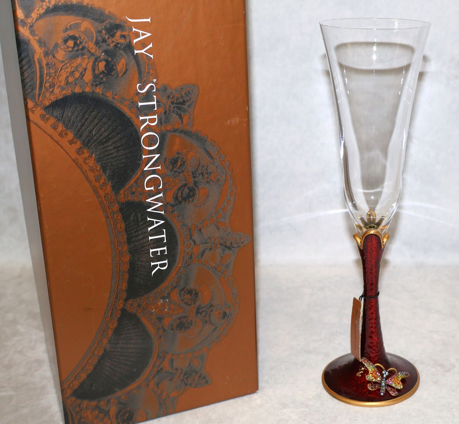 Jay Strongwater Butterfly Jeweled Champagne Flute Swarovski Crystal Red Enamel | Box &amp; Tag